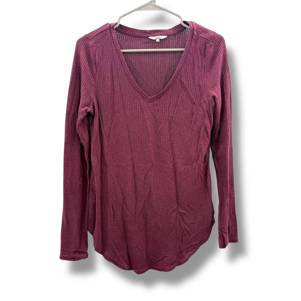 BKE Ribbed Knit V-Neck Top Women's Small Burgundy Long Sleeve Casual‎ Essential